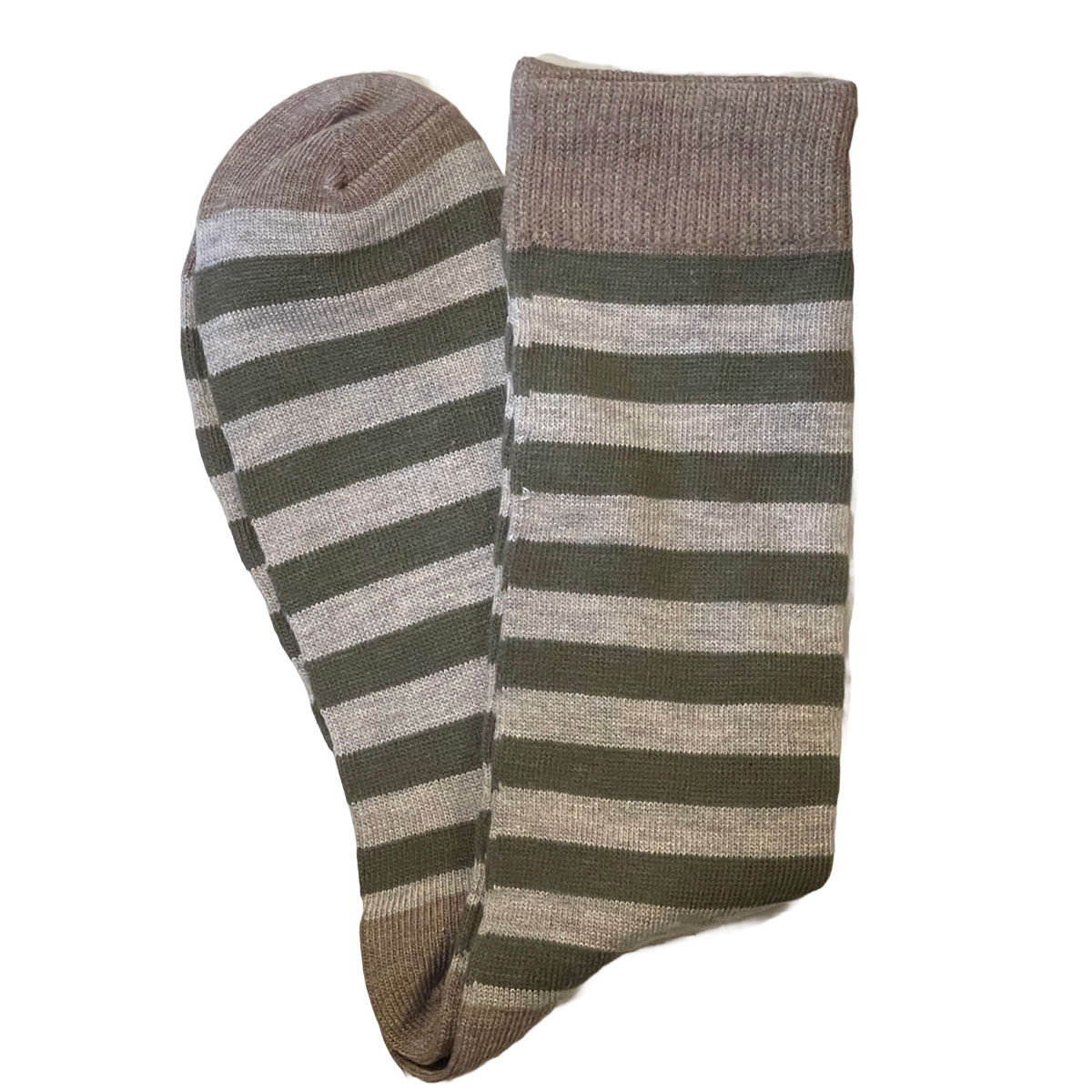 Moss Green Light Gray Stripes Dress Socks for Men with Beige Toe